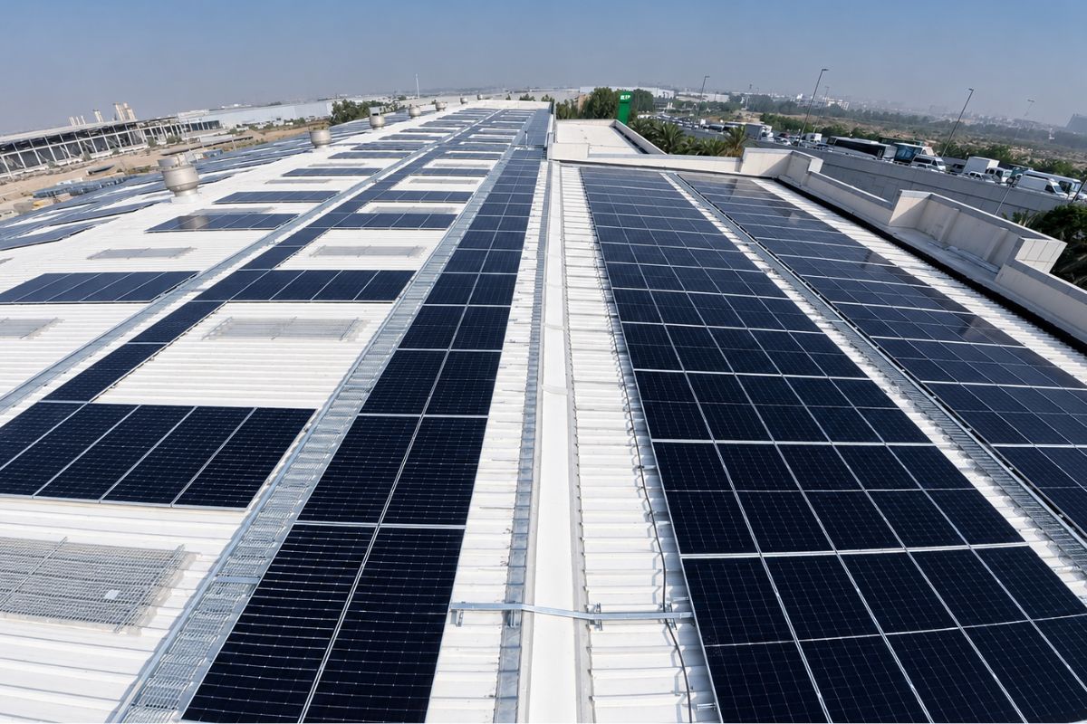 Solar panels installed on the roof of the EIP manufacturing facility